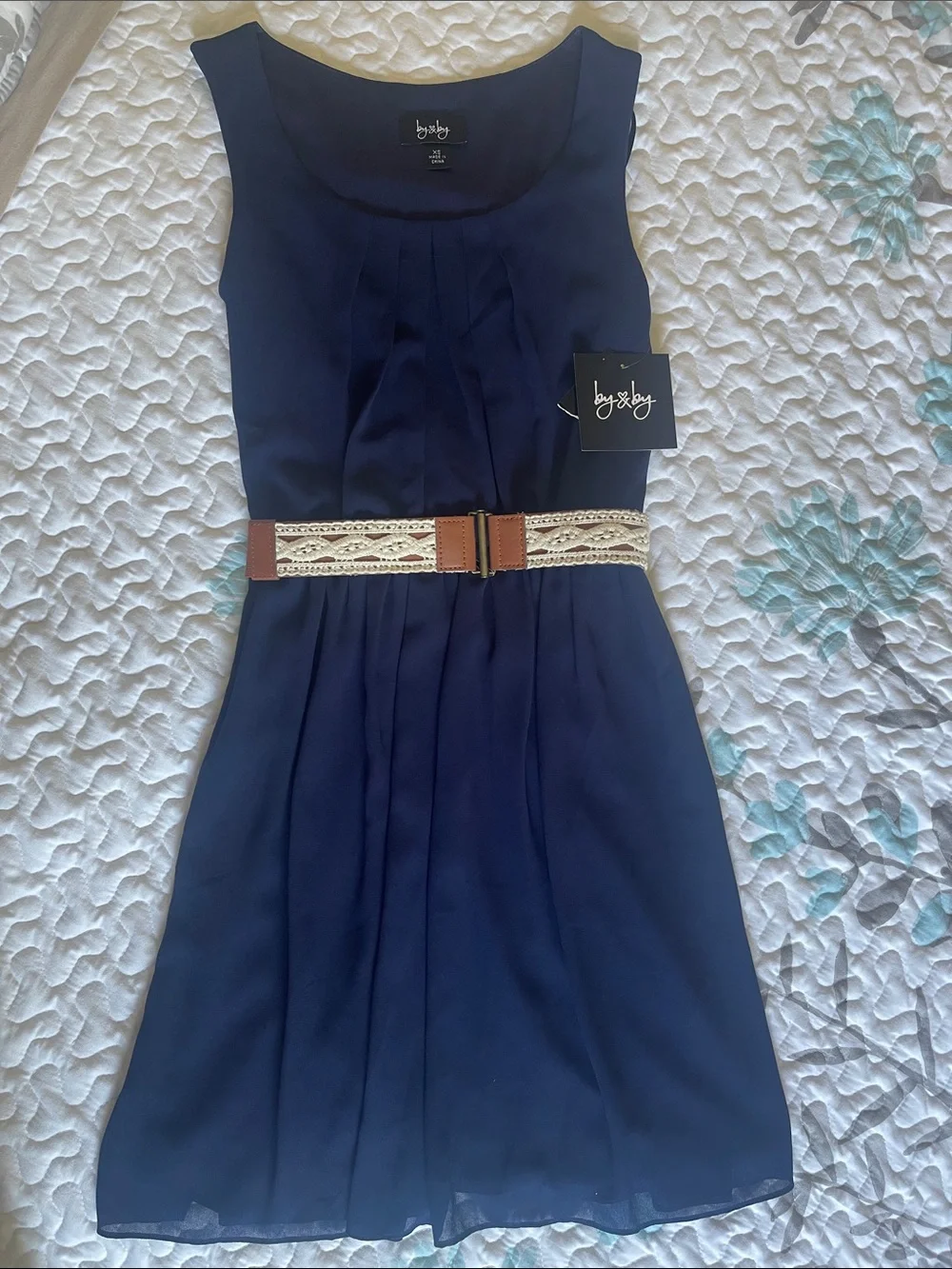 By & By Navy Sleeveless Belted Dress Pleats and Elasticized Waist NWT XS Junior